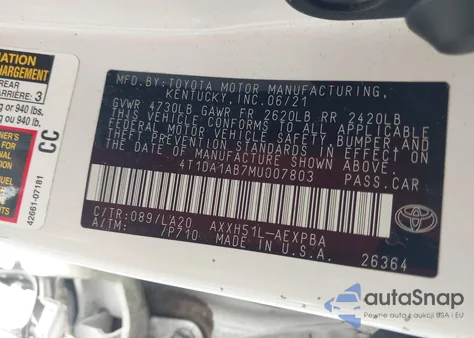 2021 Toyota Avalon Limited Hybrid from USA, damaged, VIN 4T1DA1AB7MU007803